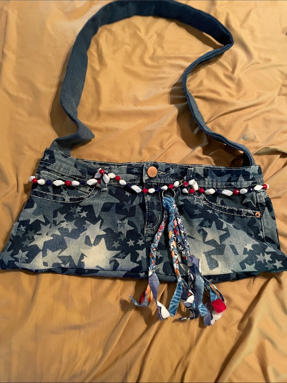 Handmade Denim Star-Print Crossbody Bag with Red Charm 9x 15 with Raes Love swag